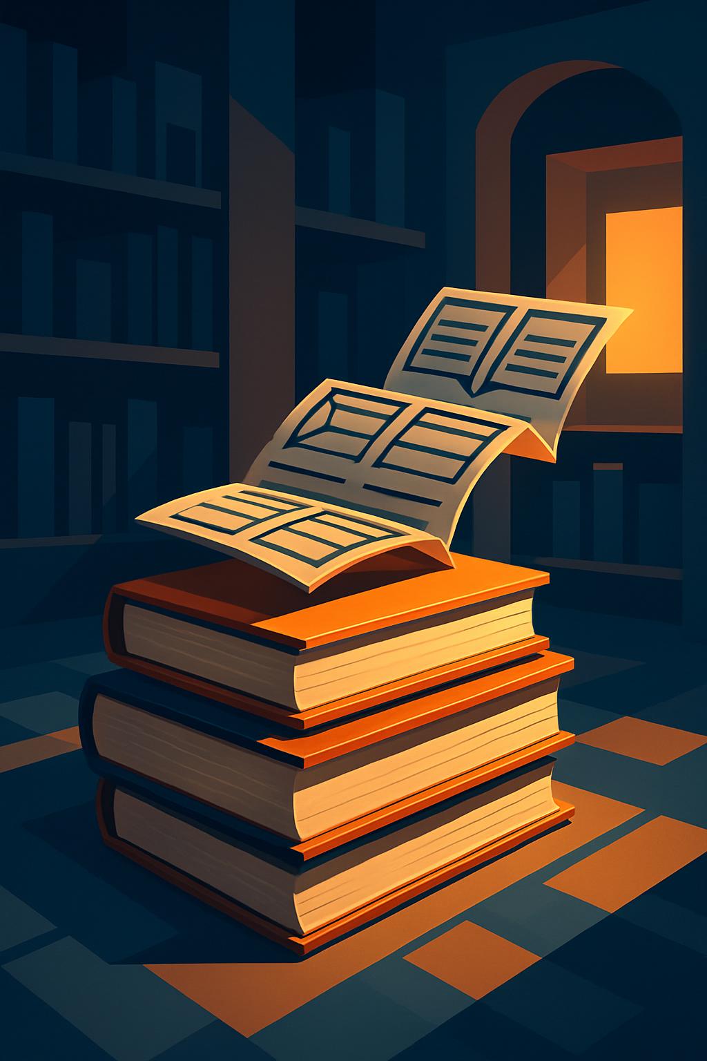 Illustration of pages rising from a stack of books in a library