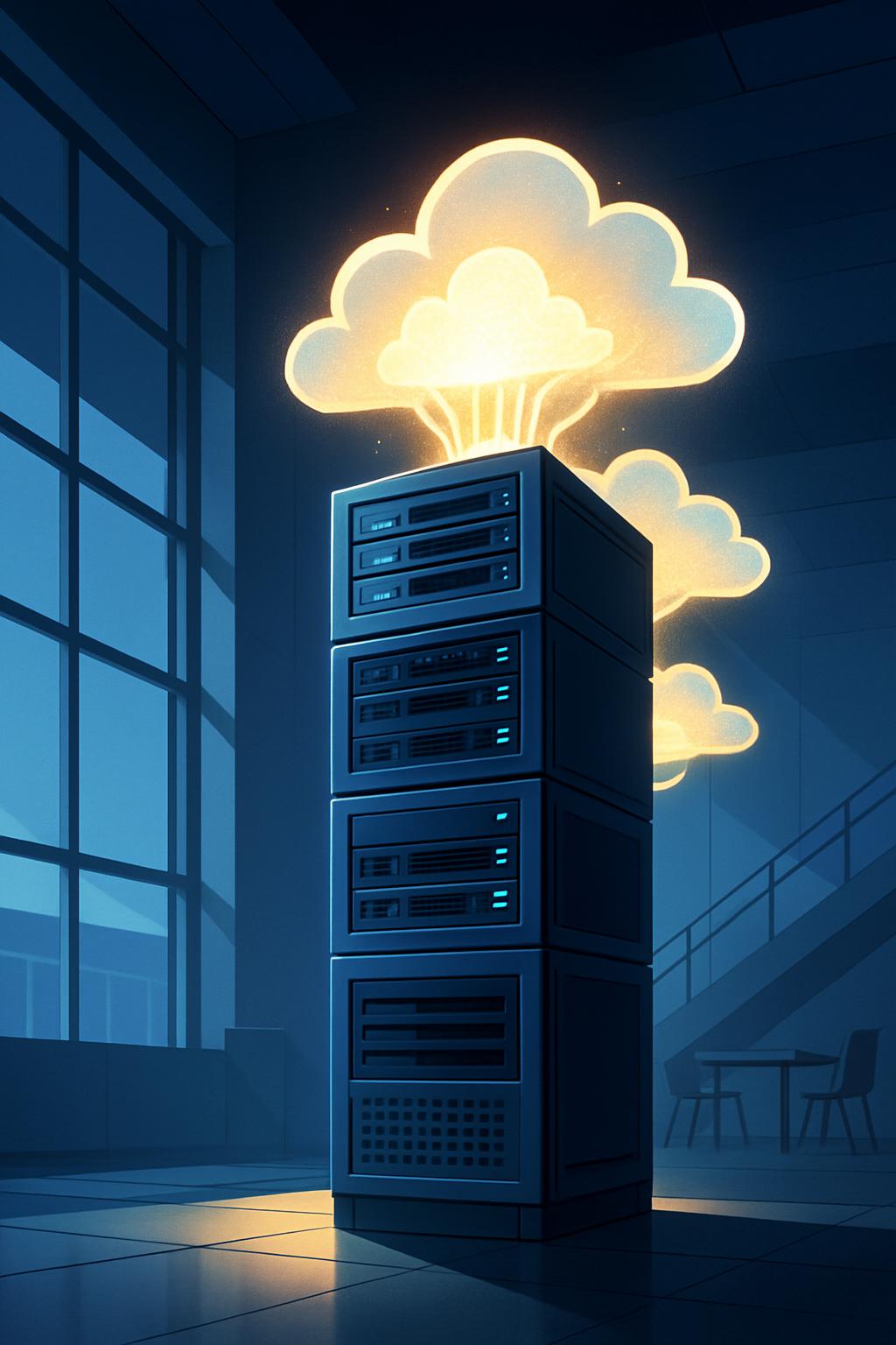 Illustration of a server stack beneath glowing cloud forms in a dark blue room.
