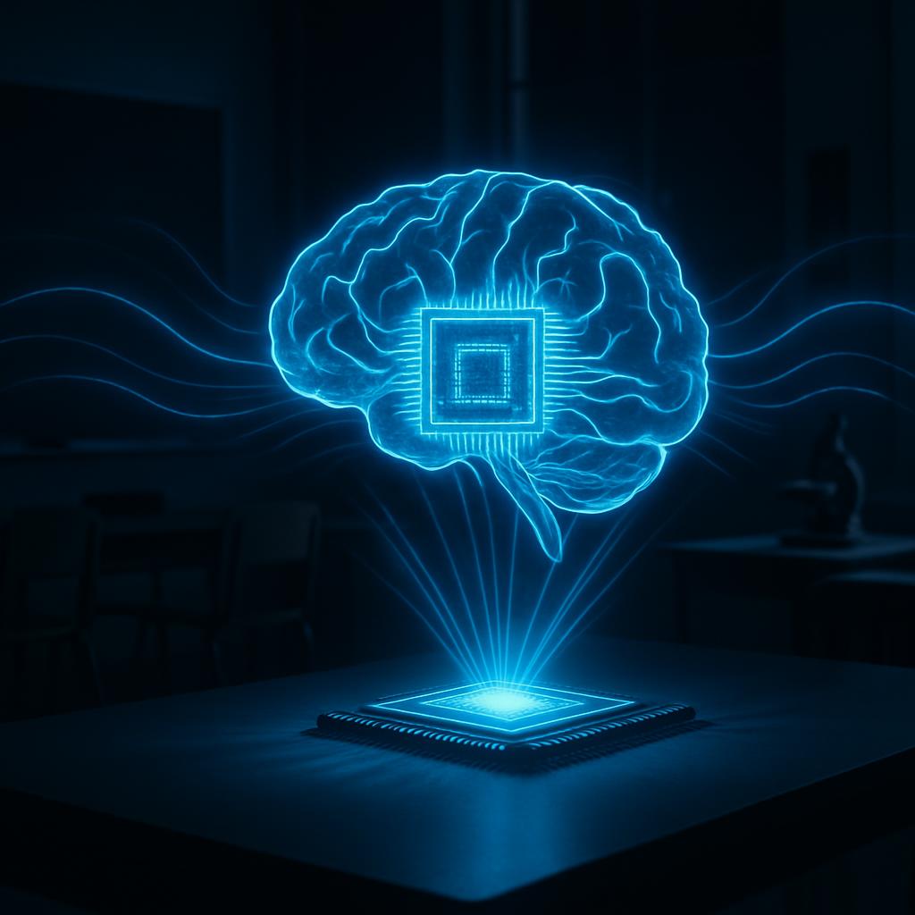 Illustration of a glowing brain with a computer chip at its center.