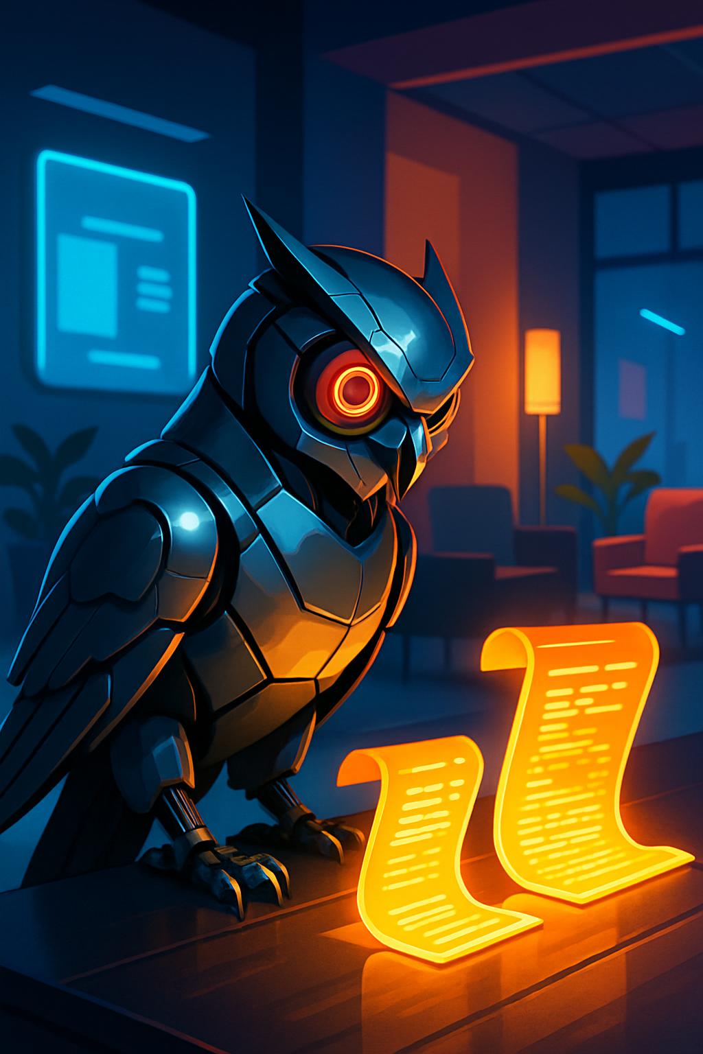 Robotic owl reviewing glowing documents in a study room