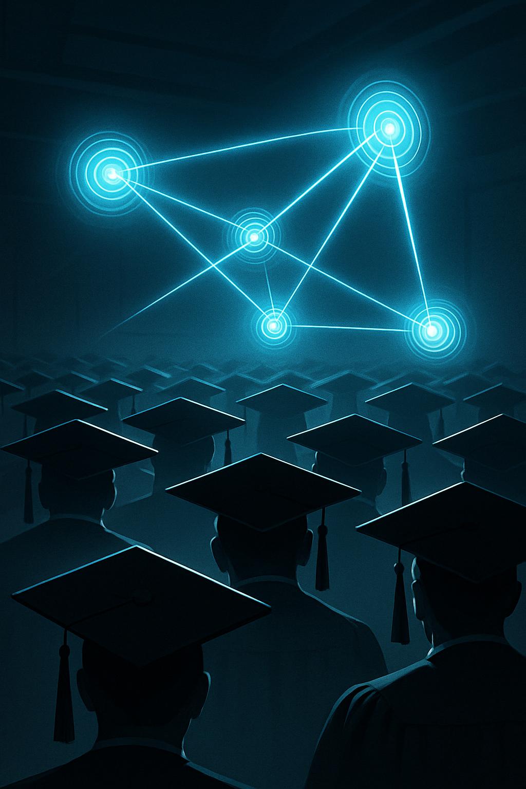 Network connections glowing above a group of university graduates.