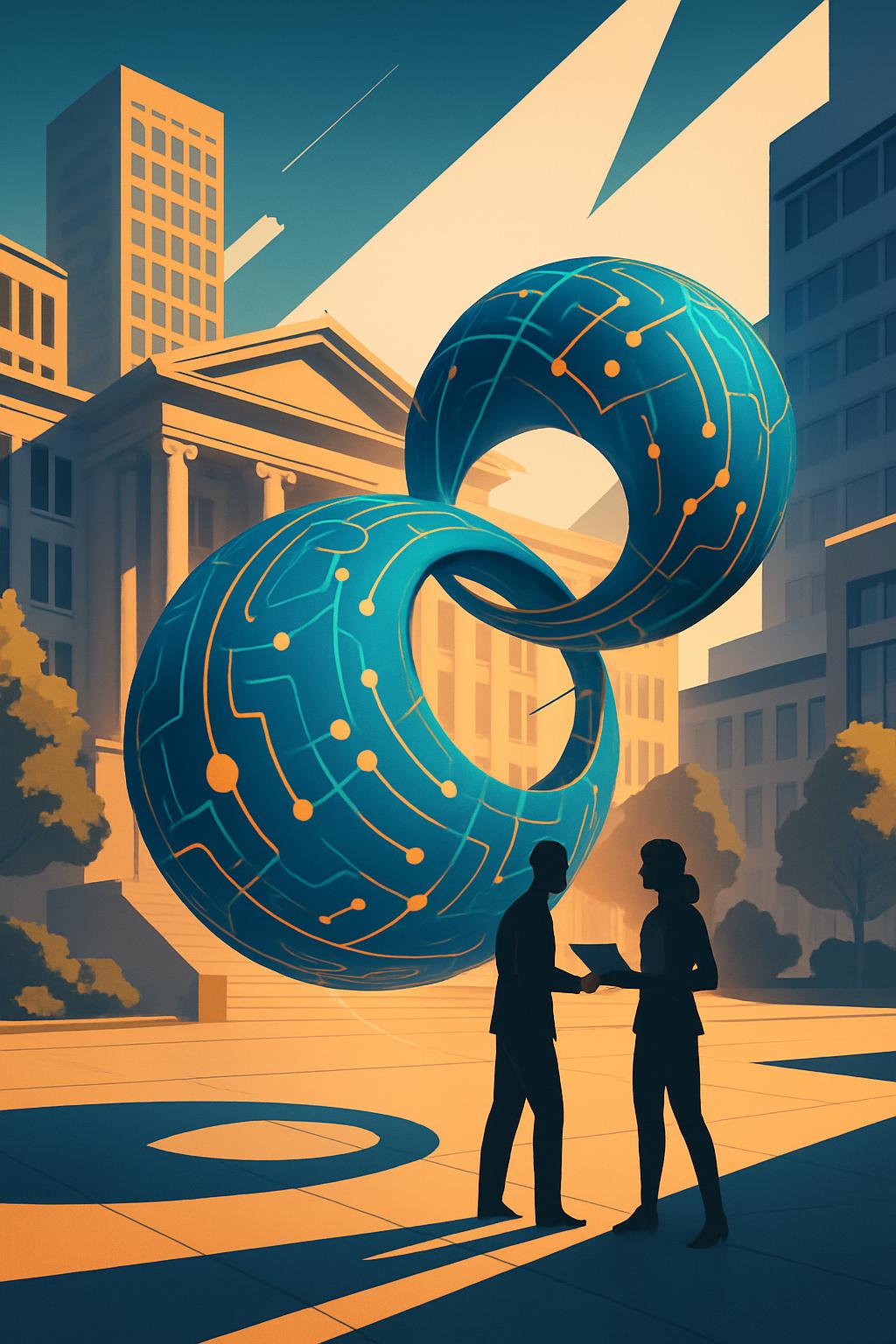 Two people discuss university innovation beside a connected sculpture.