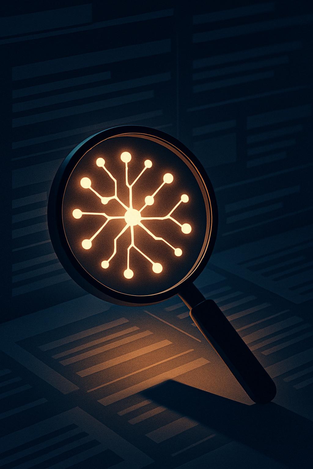 Magnifying glass revealing an illuminated AI network in documents