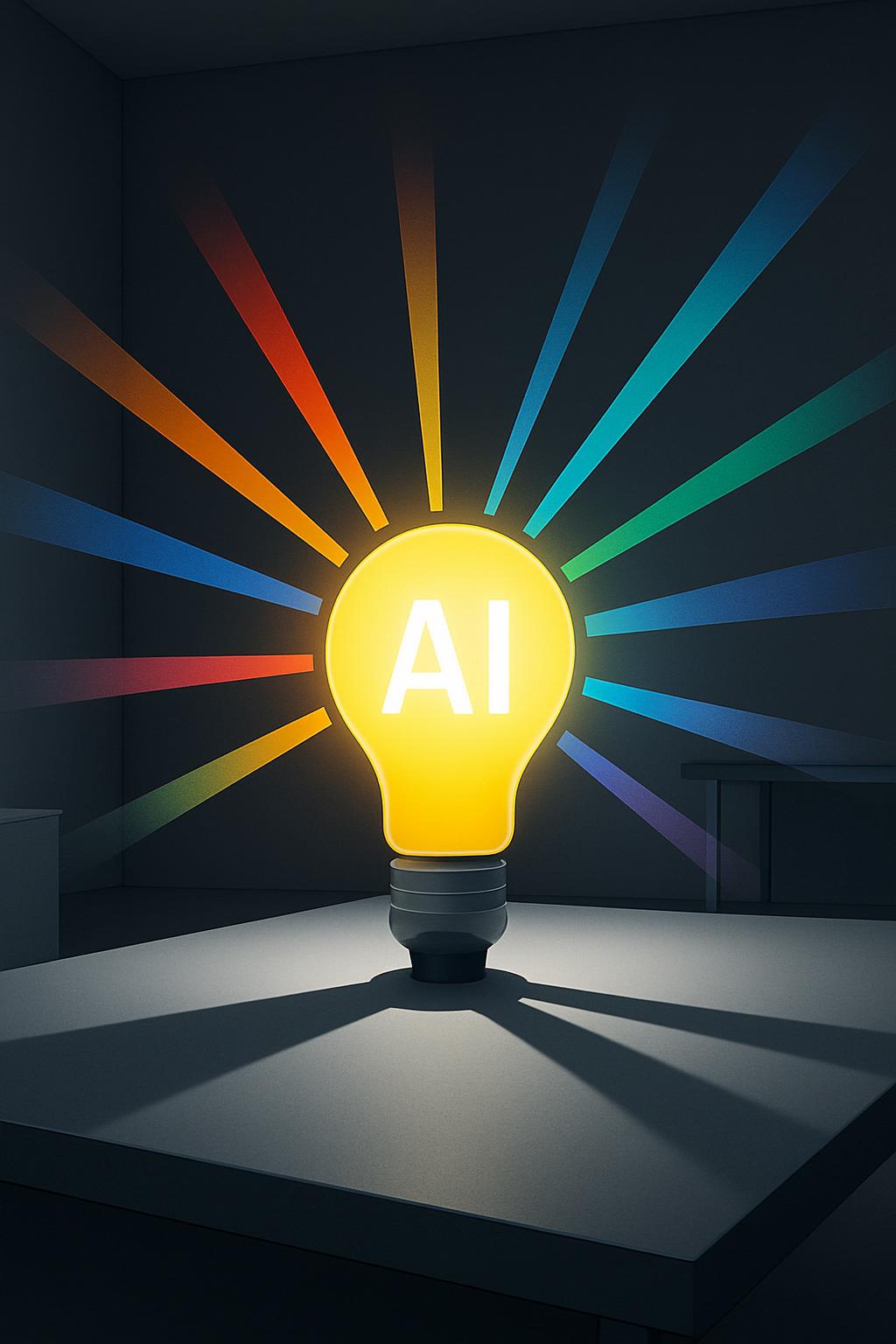 Glowing light bulb marked AI casting multicolored rays in a dark room