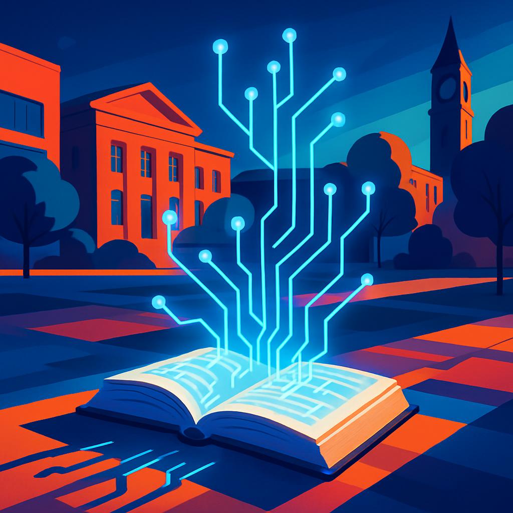 Illustration of an open book projecting circuit lines across a university campus.